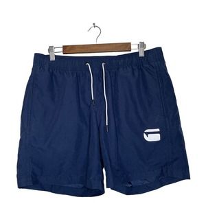 G Star Large Mens Blue Flat Front Dark Wash Drawstring Waist Dirik Swim Shorts